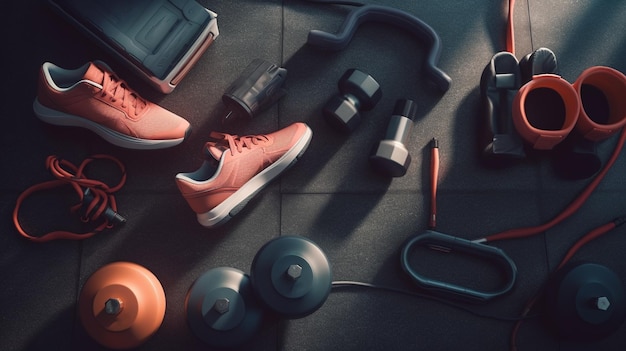 Sporty shoes with a workout equipments Generative Ai