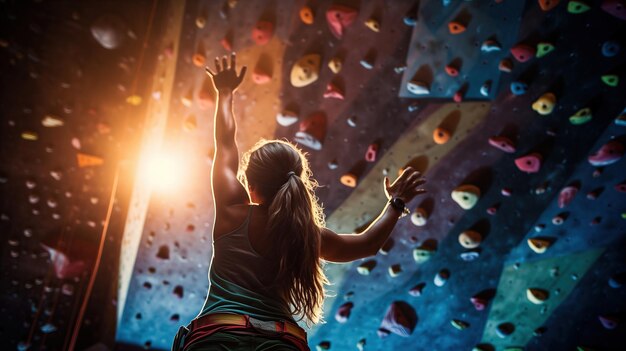 Sporty woman in boulder climbing hall