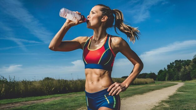 Sporty woman drinking water on sunlight