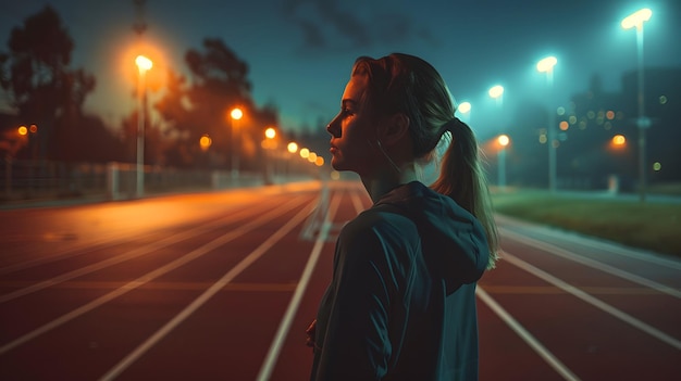 スポーツをするために朝早く起きるスポーツの女性 概念 暗の動機付け