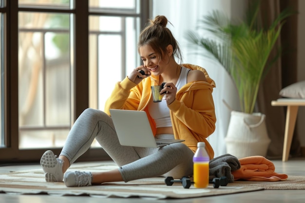 La donna sportiva fa multitasking a casa con esercizi e laptop