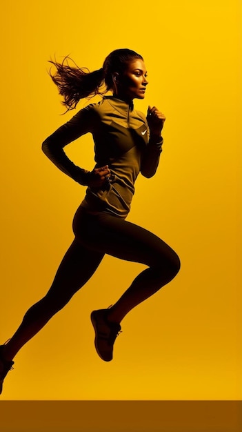 Sporty woman runner in silhouette on yellow background photo of attractive woman in fashionable