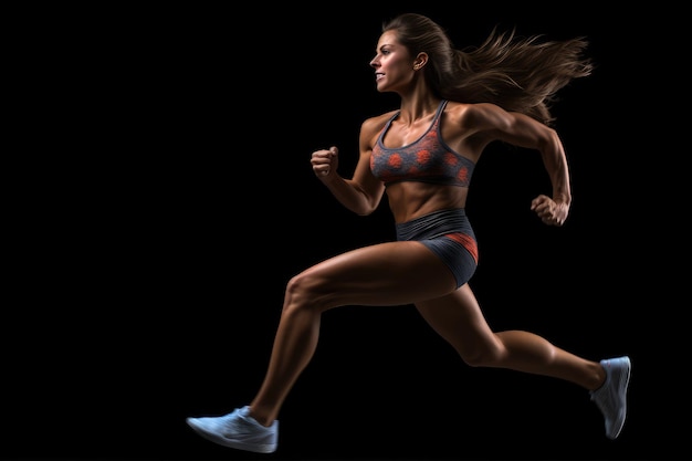 Photo sporty woman running over black background side view of female athlete in motion a fitness girl in running positions on a black background top section cropped side view ai generated