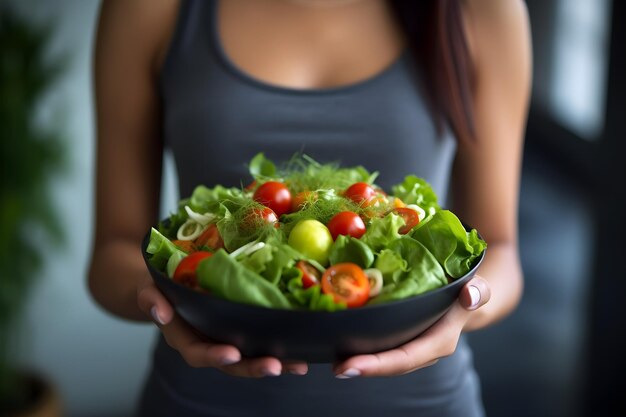 Sporty woman with lettuce in her hand