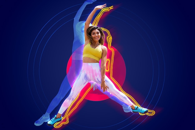 Sporty young woman jump on art paint background