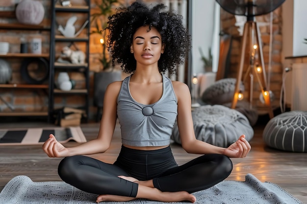 Sporty young woman practicing yoga at home