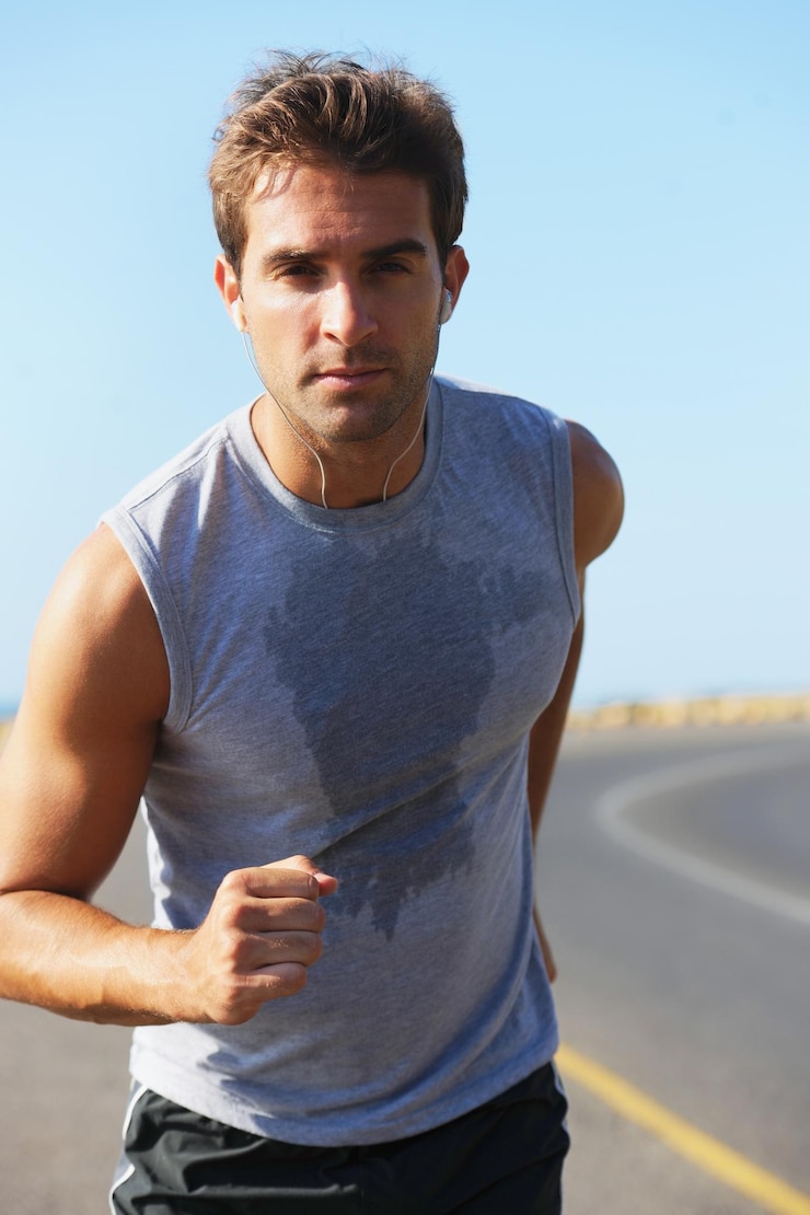 Foto sportzweet en manatleet in berglopen voor racemarathon of wedstrijdtraining fitnesstraining en lichaam van mannelijke hardloper die een cardio-oefening doet voor gezondheid of welzijn in de natuur in de open lucht