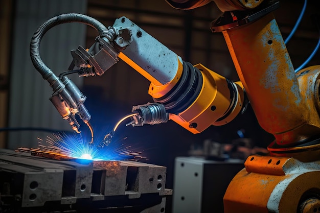 Spot welding robot with arm extended applying the final touches to a welded joint