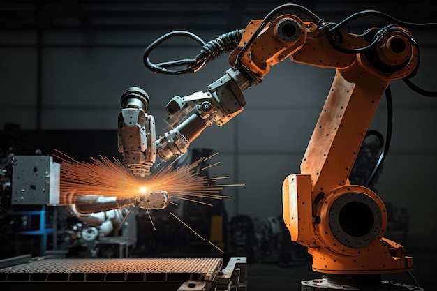 Spot welding robot with arm extended performing precise weld on automobile part