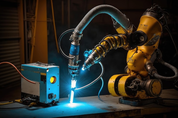 Photo spot welding robot with arm and torch that creates the spot weld