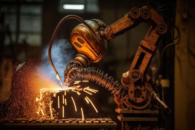 Spot welding robot with its arm moving in precise and intricate motions