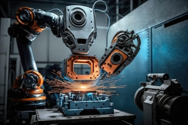 Spot welding robots are used to put together vehicle parts