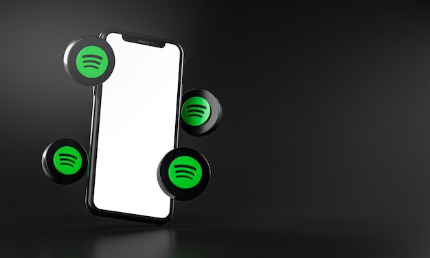 スマートフォンアプリの3Dレンダリングの周りのSpotifyアイコン