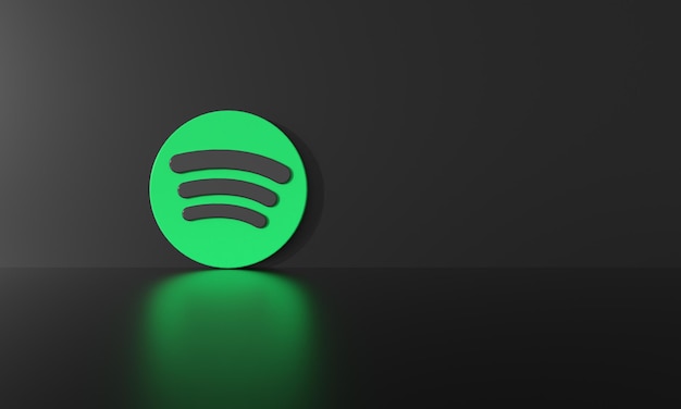 Spotify logo on black wall background and reflective floor with hard shadow and space for text and graphics 3d Rendering