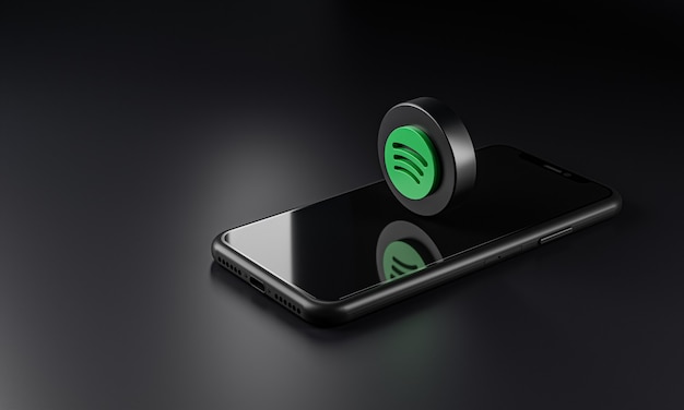 Значок логотипа Spotify над смартфоном, 3D-рендеринг