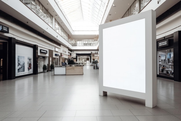 Photo spotless white advertising board mockup situated in a vibrant retail space