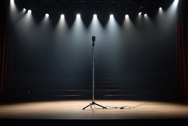 Foto spotlight sul palco vuoto con microfono cablato sul supporto