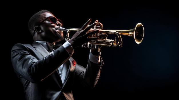 Spotlight on jazz trumpeter gripping valves and puffed cheeks in performance