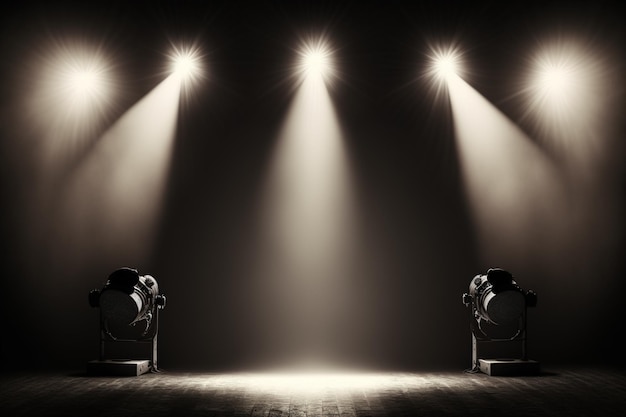 Spotlights illuminate empty stage with dark background