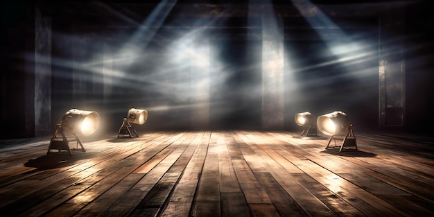 Spotlights lights shining on stage background with wood floor