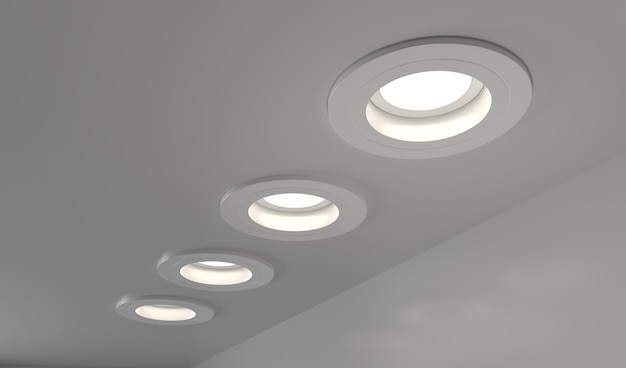 Spotlights recessed ceiling 3D render Realistic interior room with round glowing downlights at night Artificial lighting LED lamps for home or office on dark background angle view