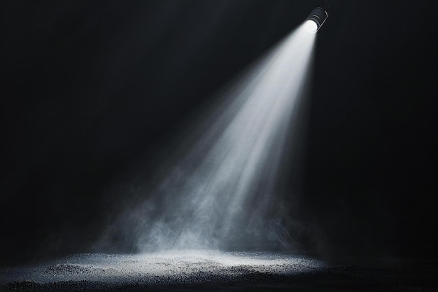 Spotlights verlichten het podium in een donkere kamer met rook en mist