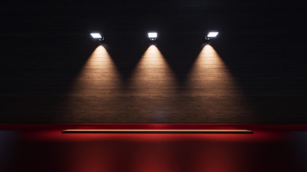 Spotlights and a wooden stage with a black background 3D illustration