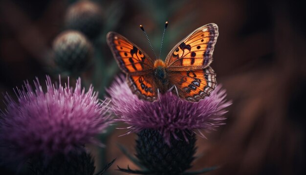 Image of Purple thistle flower with butterfly