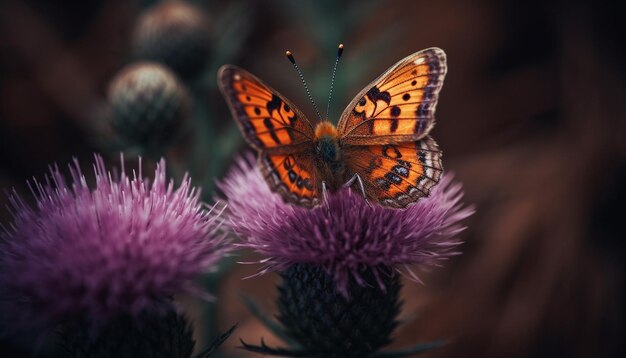 AIが生成した紫色のアザミの花を食べるマダラチョウ