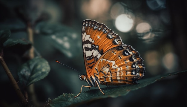 The spotted butterfly flies elegantly in the tranquil forest scene generated by AI