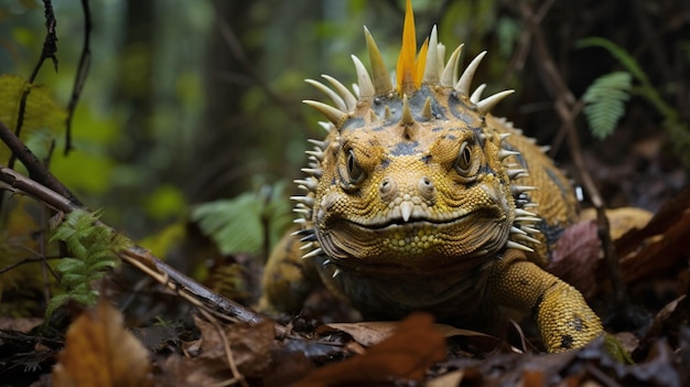 Photo spotted iguana crawls in forest horned lizard looks