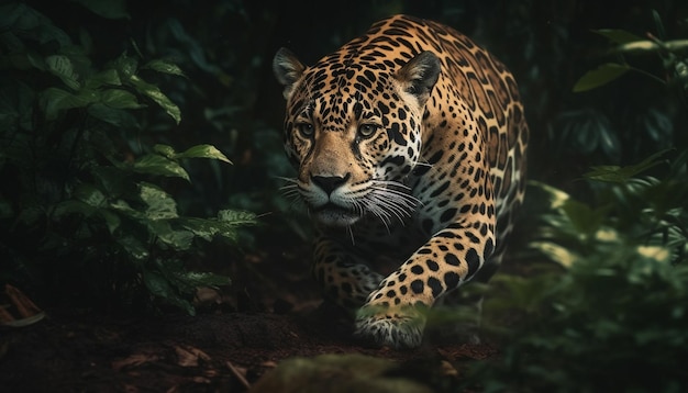 Spotted jaguar walking in tropical rainforest generated by AI