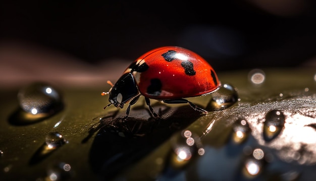 Spotted ladybug crawls on wet leaf reflecting beauty in nature generated by artificial intelligence