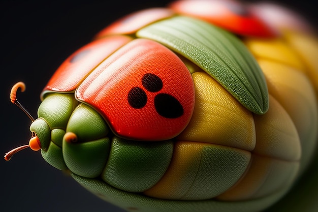 spotted ladybug wildlife brightly colored perched on bushes and crops cartoon anime style