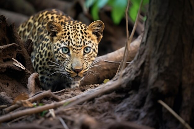 A spotted leopard prowling in a dense forest