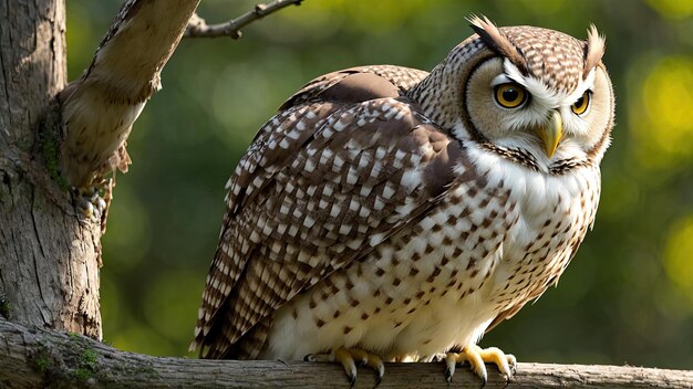 A spotted owl sits on a branch.