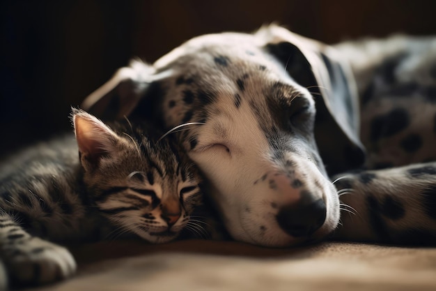 Spotted Puppy En Tabby Kitten Slapen Gezond Generatieve AI