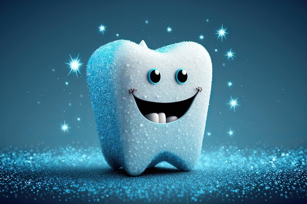 Sprankelende gelukkige gezonde tand op blauwe achtergrond Stripfiguur