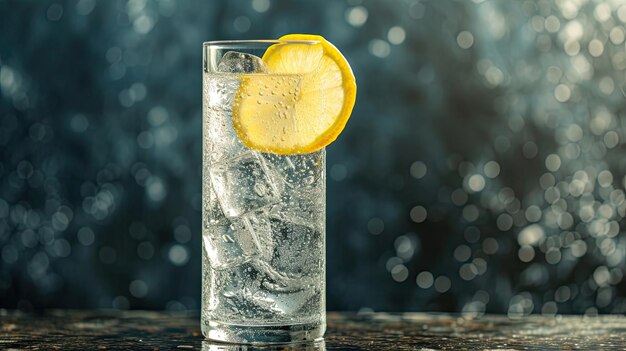 Sprankelende wodka tonic geserveerd in een hoog glas met ijs en een citroen tegen een gewone achtergrond Alcohol glas gouden vloeistof Hoogwaardig product en het presentatieconcept Generatief door AI