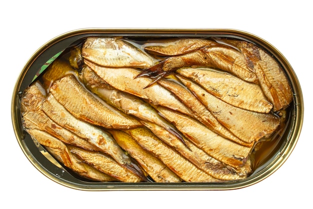 Sprats in oil in an oval open jar isolated on a white background