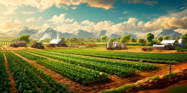 Photo sprawling agricultural farm with fields of crops tractors and machinery involved in food production for a growing population