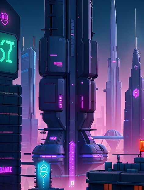 A sprawling cyberpunkinspired cityscape with towering spires and neon signs