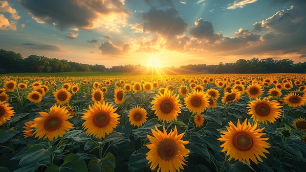 Sprawling Field of Sunflowers Under Cloudy Sky