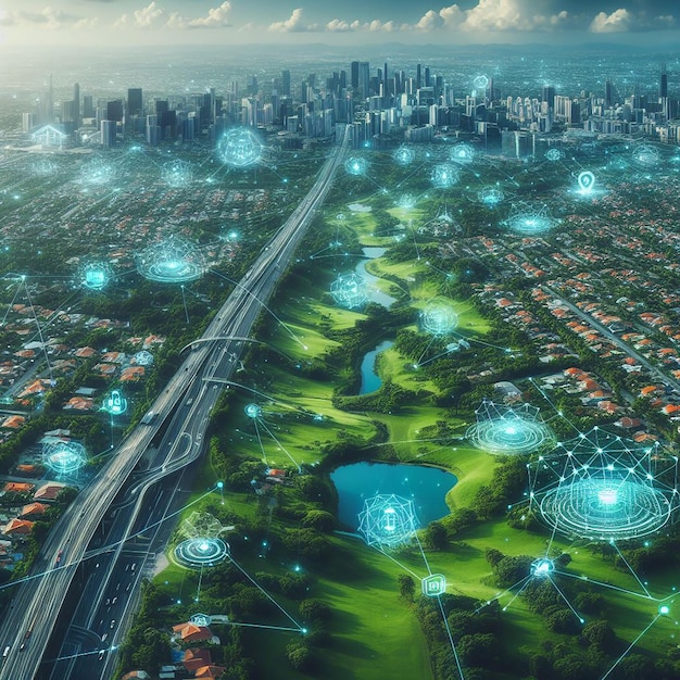 Sprawling green community with Digital smart city infrastructure and rapid data network Digital cat