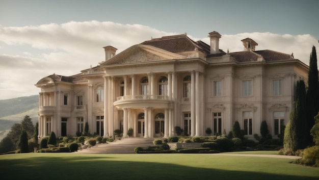 A sprawling mansion nestled in the rolling hills with grand columns and intricate details