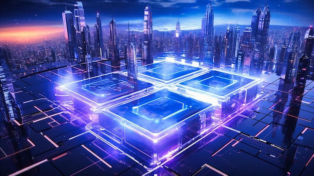 A sprawling neon cityscape seen from above with luminescent grids indicating advanced tech pathways