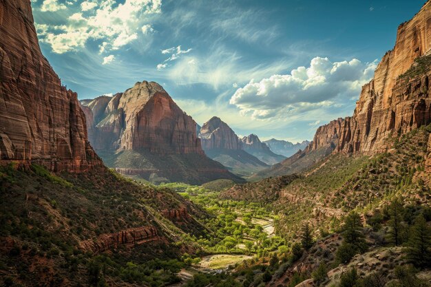 A sprawling valley with towering mountains in the distance provides a breathtaking vista of natural beauty Breathtaking view of Zion National Park AI Generated