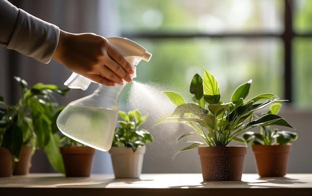 A spray bottle on top of a table next to potted plants AI