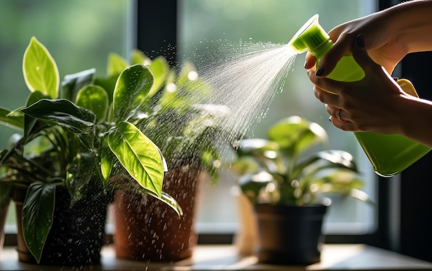 A spray bottle on top of a table next to potted plants AI