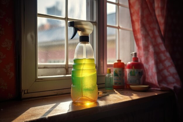 Spray bottle with cleaning solution near window